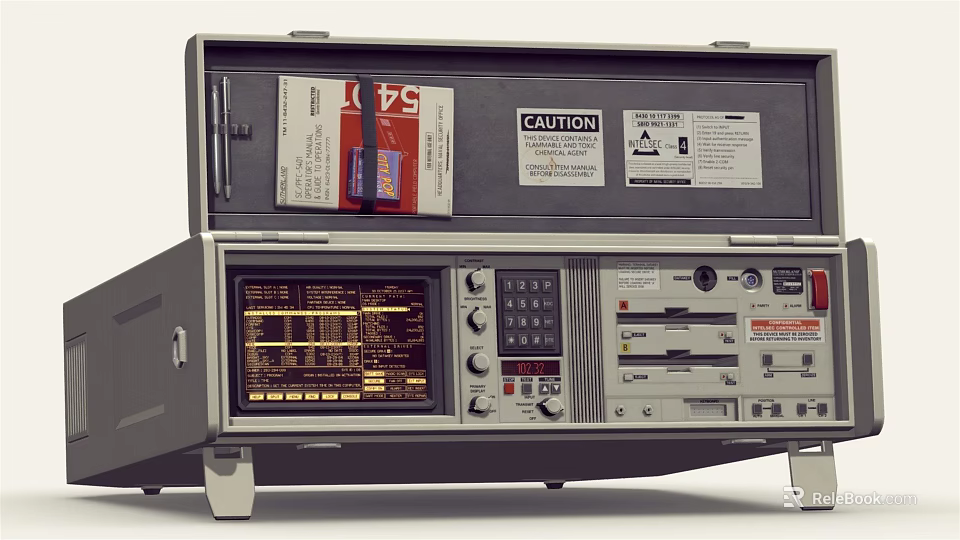 Retro Portable Computer With Display Screen Control Panel Buttons And Caution Label 3d model 