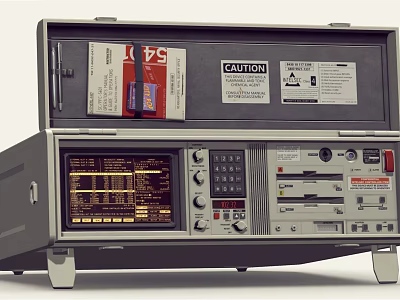 Retro Portable Computer With Display Screen Control Panel Buttons And Caution Label 3d model