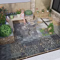 Courtyard Garden With Wooden Fence Stone Wall Patio Green Shrubs Purple Flowers And Outdoor Furniture