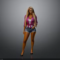 Blonde Woman In Pink Shirt And Denim Shorts Standing With High Heels On Gray Background