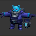 Blue Cat Character In Purple Armor With Red Eyes And Mechanical Device