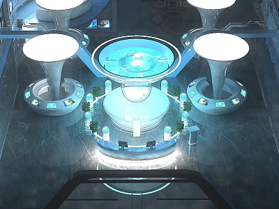 Futuristic Tech Hub With Circular Console Blue Lighting And Workstations 3d model