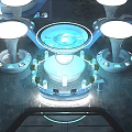 Futuristic Tech Hub With Circular Console Blue Lighting And Workstations 3d model