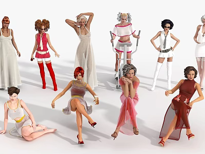 Multiple Fashion Models In Various Poses With Different Stylish Outfits And Hairstyles 3d model