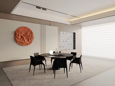 Modern Dining Table Set With Black Chairs And Decorative Wall Art In Minimalist Room 3d model