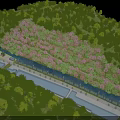 Garden Landscape Design Featuring Lush Green Trees Pink Blossoms Water Channel And Pathways