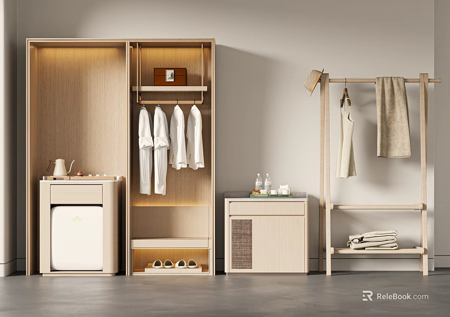 Modern Light Wooden Wardrobe With Hanging Shirts Storage Shelves Shoes And Clothing Rack 3d model 