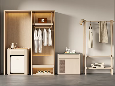 Modern Light Wooden Wardrobe With Hanging Shirts Storage Shelves Shoes And Clothing Rack 3d model