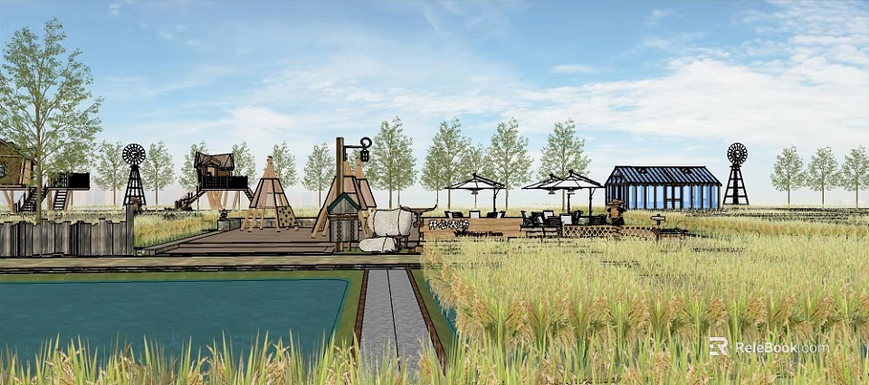 Scenic Landscape With Blue Sky White Clouds Wooden Platform Pool Sunshades Trees And Tall Grass 3d model 