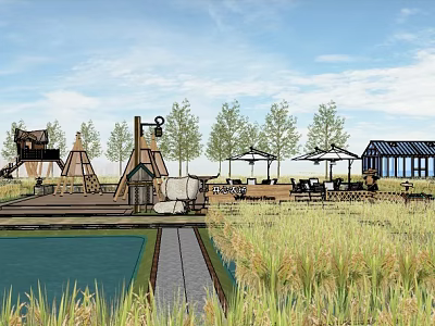 Scenic Landscape With Blue Sky White Clouds Wooden Platform Pool Sunshades Trees And Tall Grass 3d model
