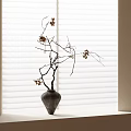 Gray Vase With Natural Branches And Flowers On Bright Windowsill Against White Blinds