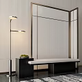Modern Sofa Bench With White Cushion Black Frame Side Table Floor Lamp And Metal Screen