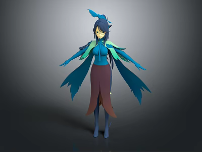 3D Model Female Character With Blue Hair Blue Top Brown Skirt And Feather Decorations 3d model