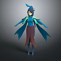 3D Model Female Character With Blue Hair Blue Top Brown Skirt And Feather Decorations