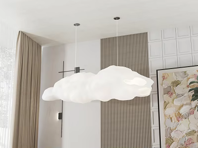 Cloud Shaped Pendant Light in Modern Interior with Striped Curtains and Wall Art 3d model