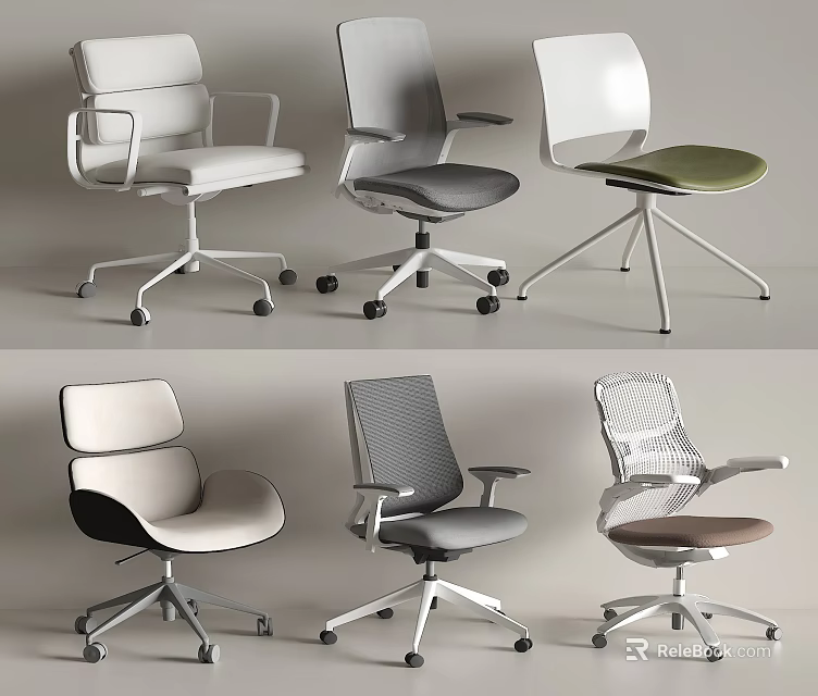 Stylish Office Chairs With Various Designs Mesh Upholstered Seats Swivel Bases And Casters 3d model 