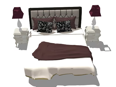 Elegant Double Bed With Tufted Headboard Pillows Brown Blanket Nightstands And Purple Lamps 3d model