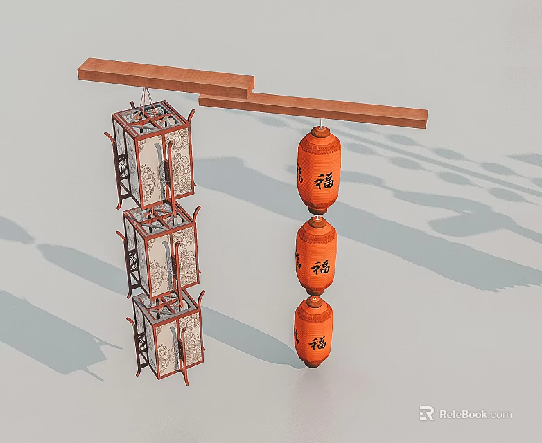 Traditional Chinese Hanging Lanterns With Wooden Frame And Orange Fu Character Designs 3d model 