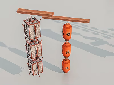 Traditional Chinese Hanging Lanterns With Wooden Frame And Orange Fu Character Designs 3d model