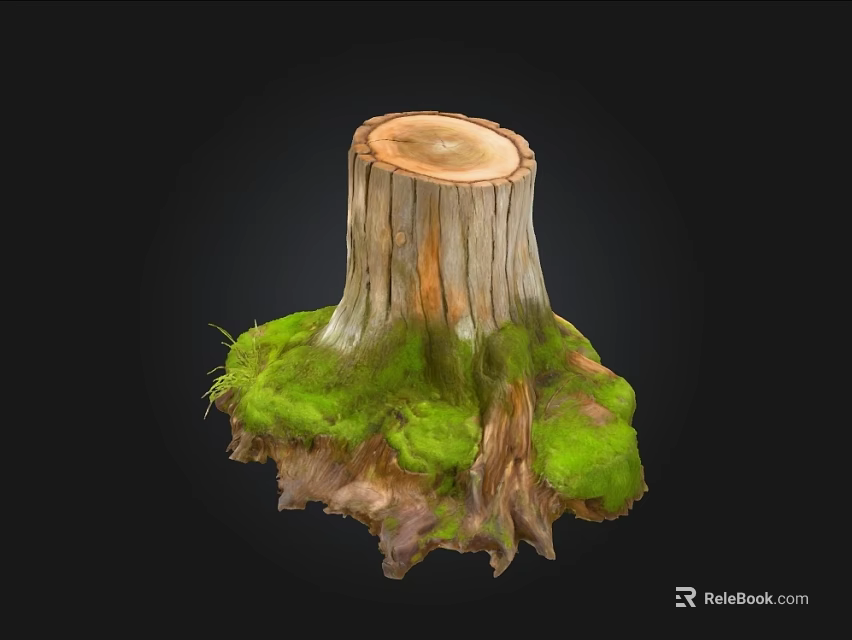 Rustic Wood Tree Stump Featuring Stone Base And Lush Green Moss 3d model