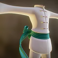 Traditional White Chinese Style Robe with Green Sash and Loose Pants Design