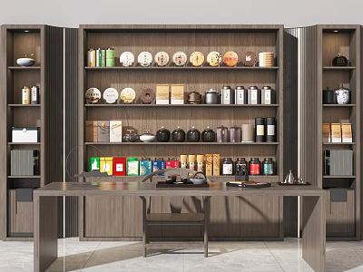 Modern Tea Table Chair With Storage Shelves Of Tea Sets Cans And Cakes 3d model
