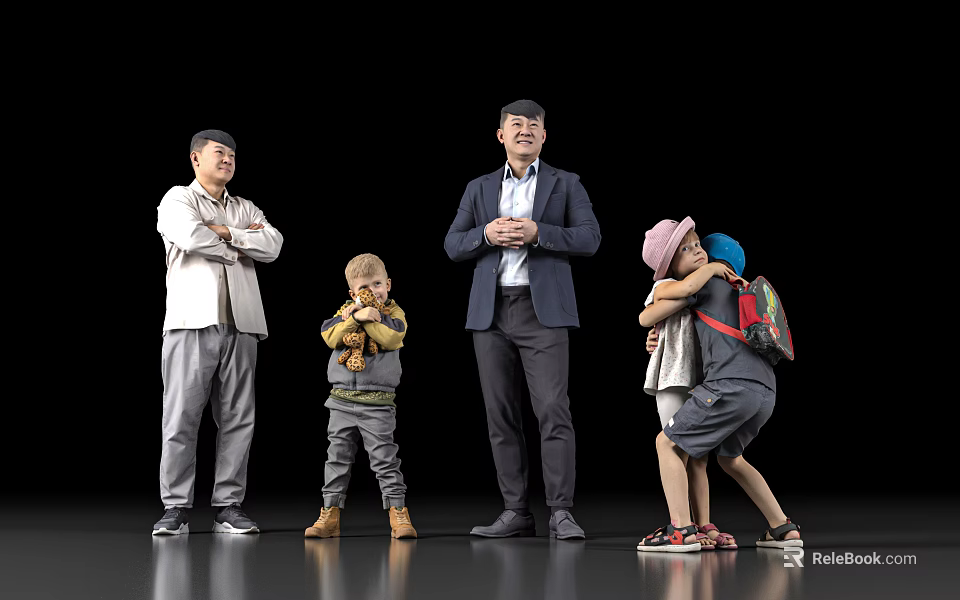 Group of Adults and Children Standing with Two Kids Hugging on Gray Floor Black Background 3d model 