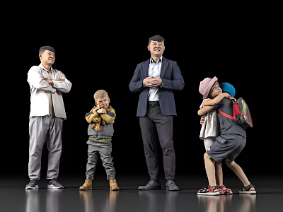 Group of Adults and Children Standing with Two Kids Hugging on Gray Floor Black Background 3d model