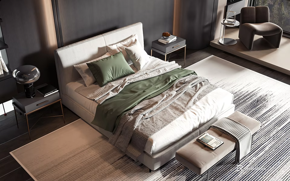 Modern Double Bed Bedroom Setup With Linen Bedding Green Pillows And Wooden Side Tables 3d model 