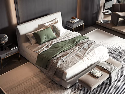 Modern Double Bed Bedroom Setup With Linen Bedding Green Pillows And Wooden Side Tables 3d model