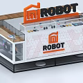Modern Display Cabinet with ROBOT Logo and Geometric Pattern Electronic Devices Showcase