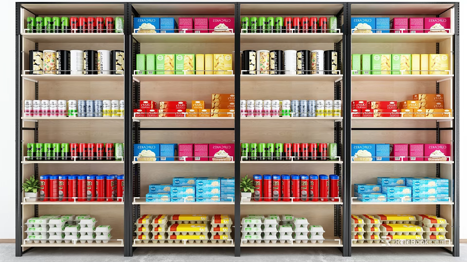 Organized Retail Display Shelves With Colorful Canned And Boxed Products In Store 3d model 