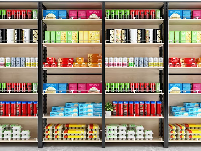Organized Retail Display Shelves With Colorful Canned And Boxed Products In Store 3d model