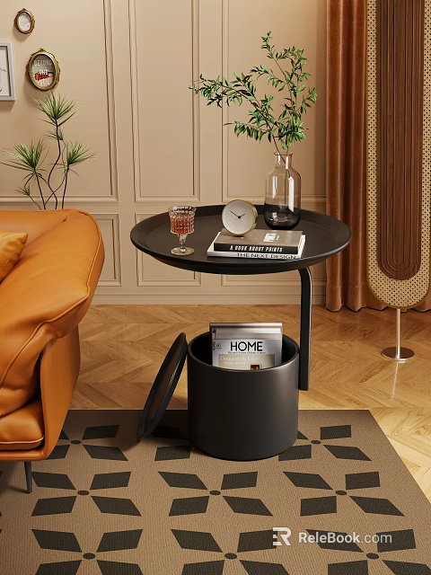 Modern Black Side Table With Glass Clock Vase And Storage In Living Room 3d model 