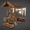 Garden Ornament Display Featuring Wooden Roofed Structure Clothesline White Clothes Buckets Basin And Bench