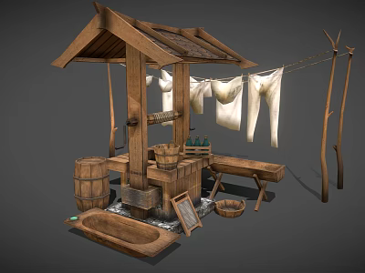 Garden Ornament Display Featuring Wooden Roofed Structure Clothesline White Clothes Buckets Basin And Bench 3d model