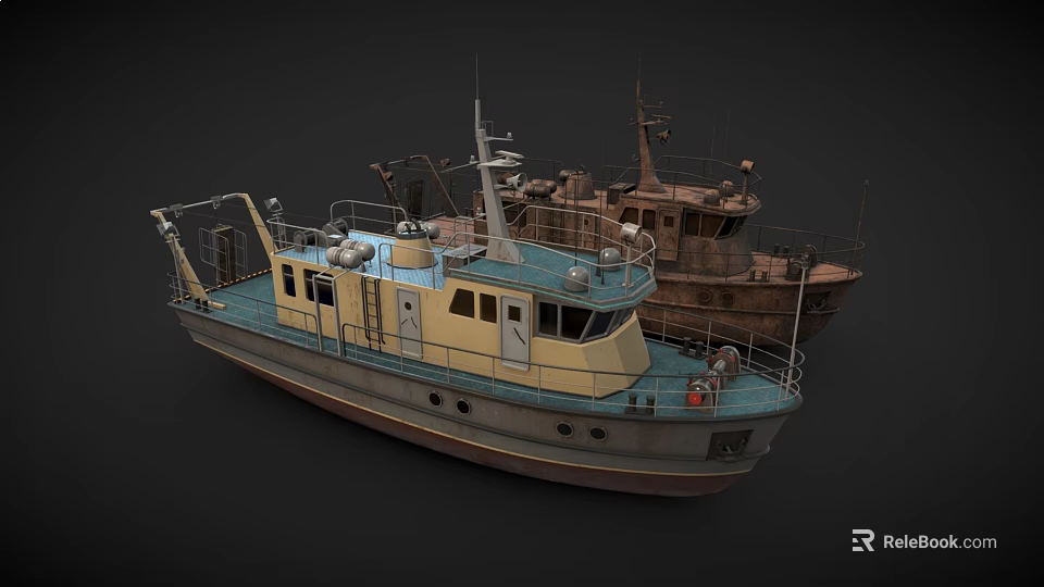 Vintage Ships with Yellow Blue Hulls and Rustic Brown Structures on Dark Background 3d model 