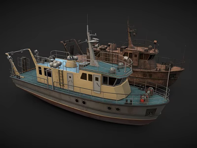 Vintage Ships with Yellow Blue Hulls and Rustic Brown Structures on Dark Background 3d model
