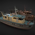 Vintage Ships with Yellow Blue Hulls and Rustic Brown Structures on Dark Background