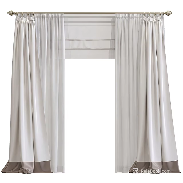White Soft Flowing Curtains With Pleated Top For Window Decoration 3d model
