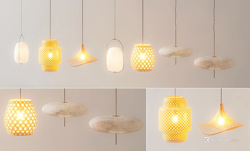Modern Decorative Hanging Chandeliers With Various Designs And Warm Yellow Lighting 3d model 