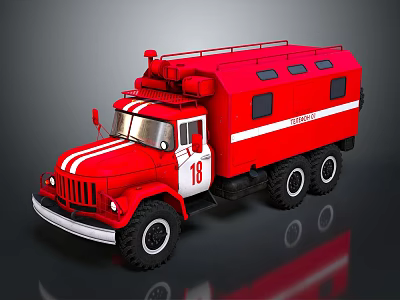 Red Classic Fire Truck with Number 18 White Stripes Six Wheels And Roof Equipment 3d model