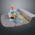 Pink Hat Figure By Open Refrigerator With Orange Flame And Blue Dinosaur Near Ice Cubes
