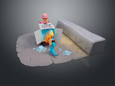 Pink Hat Figure By Open Refrigerator With Orange Flame And Blue Dinosaur Near Ice Cubes 3d model