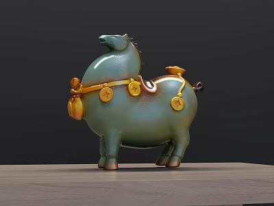 Turquoise Horse Sculpture Carving With Golden Bells And Circular Ornaments On Wooden Platform 3d model