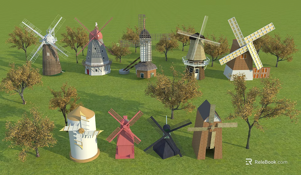Traditional Windmill Structures in Various Styles and Colors Surrounded by Trees and Green Grassland 3d model 
