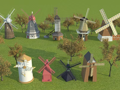 Traditional Windmill Structures in Various Styles and Colors Surrounded by Trees and Green Grassland 3d model
