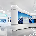 Contemporary Exhibition Booth Interior With White Curved Structure Blue Displays Shelves And Visitors