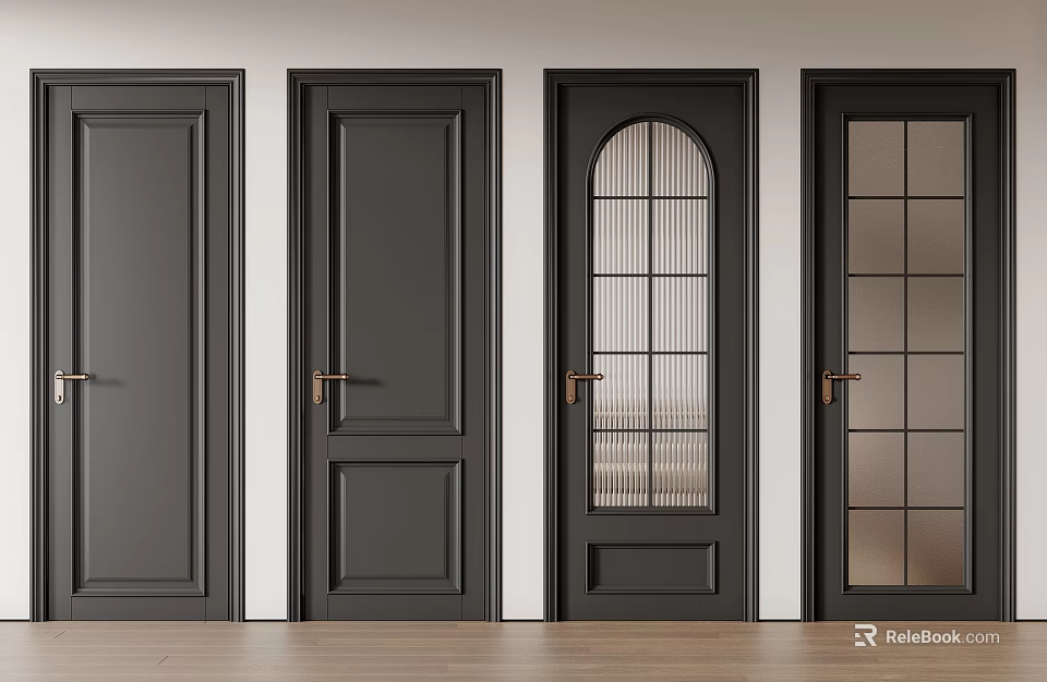 Black Hinged Doors Featuring Various Styles With Glass Panels And Metal Handles 3d model 