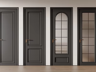 Black Hinged Doors Featuring Various Styles With Glass Panels And Metal Handles 3d model